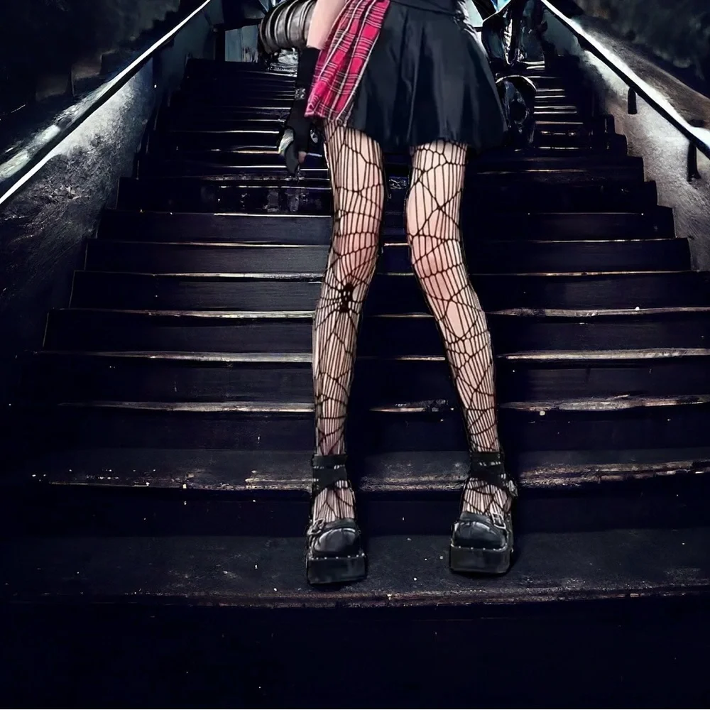 Black Gothic Skull Pattern Fishnet Tights Sexy Hollow Out Mesh Pantyhose OneSize